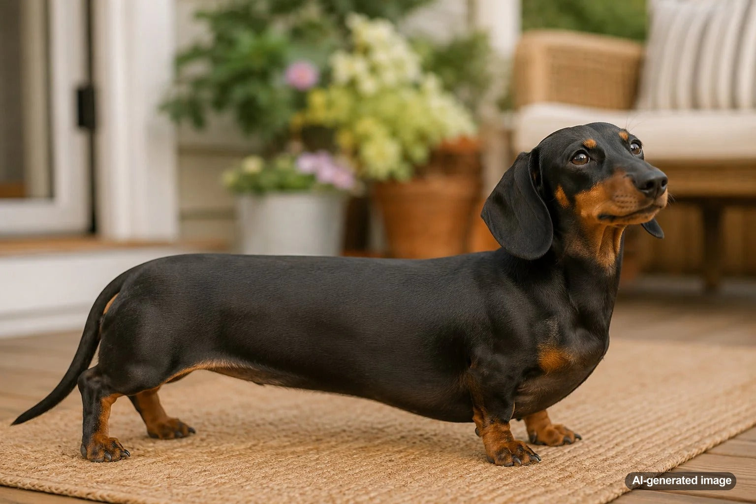 Playful dachshund showing off its long body while relaxing at home