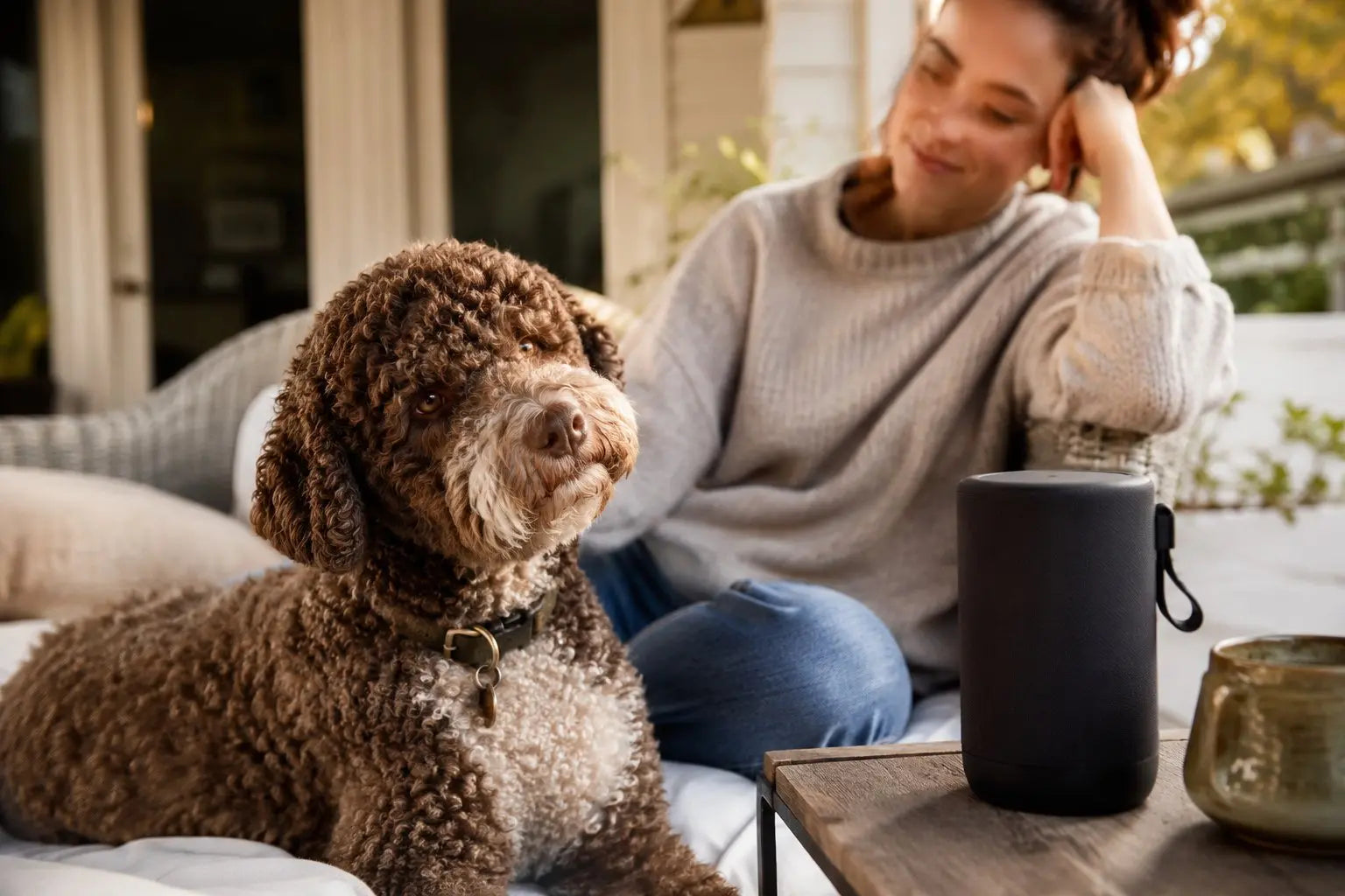 Relaxed dog listening to calming music at home