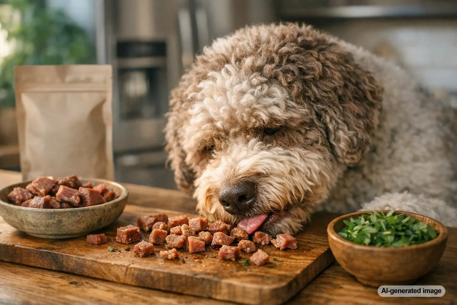 Dog enjoying duck flavored dog treats from Plato Pet Treats
