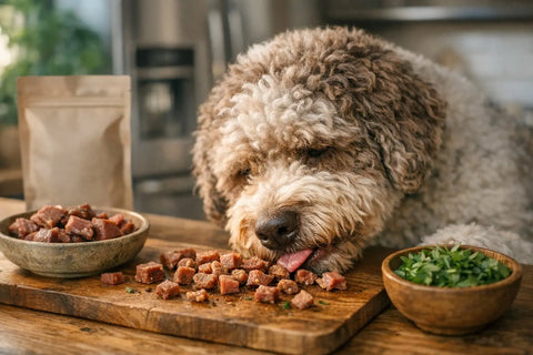 Dog enjoying duck flavored dog treats from Plato Pet Treats