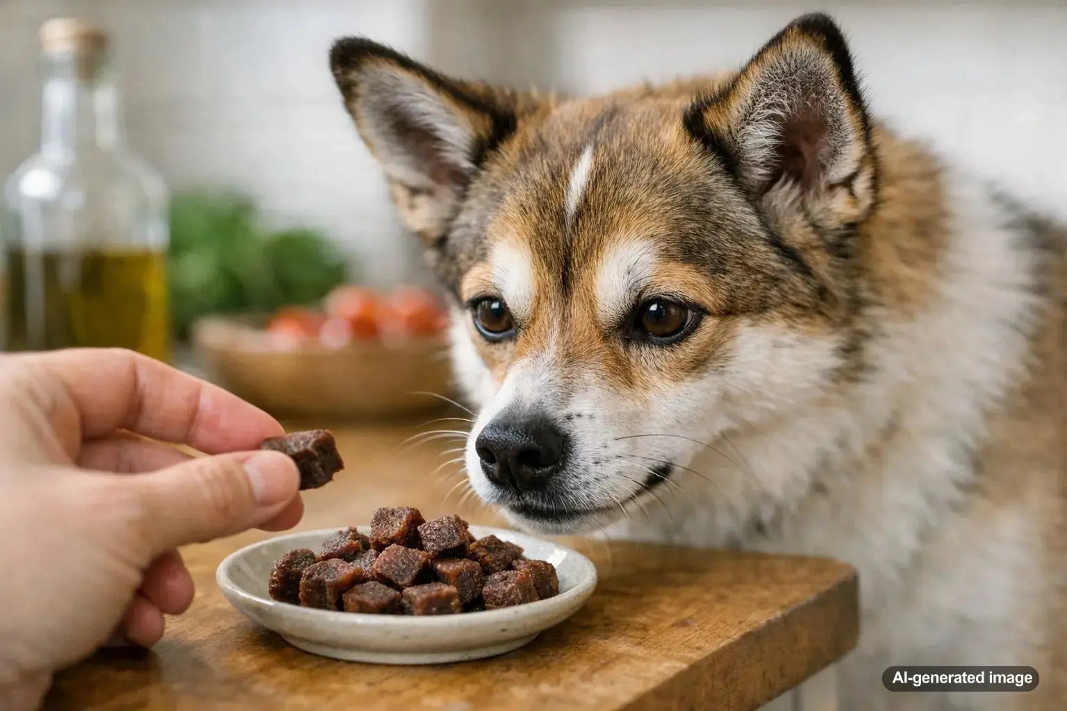 Dog eagerly enjoying the taste of venison dog treats from Plato Pet Treats