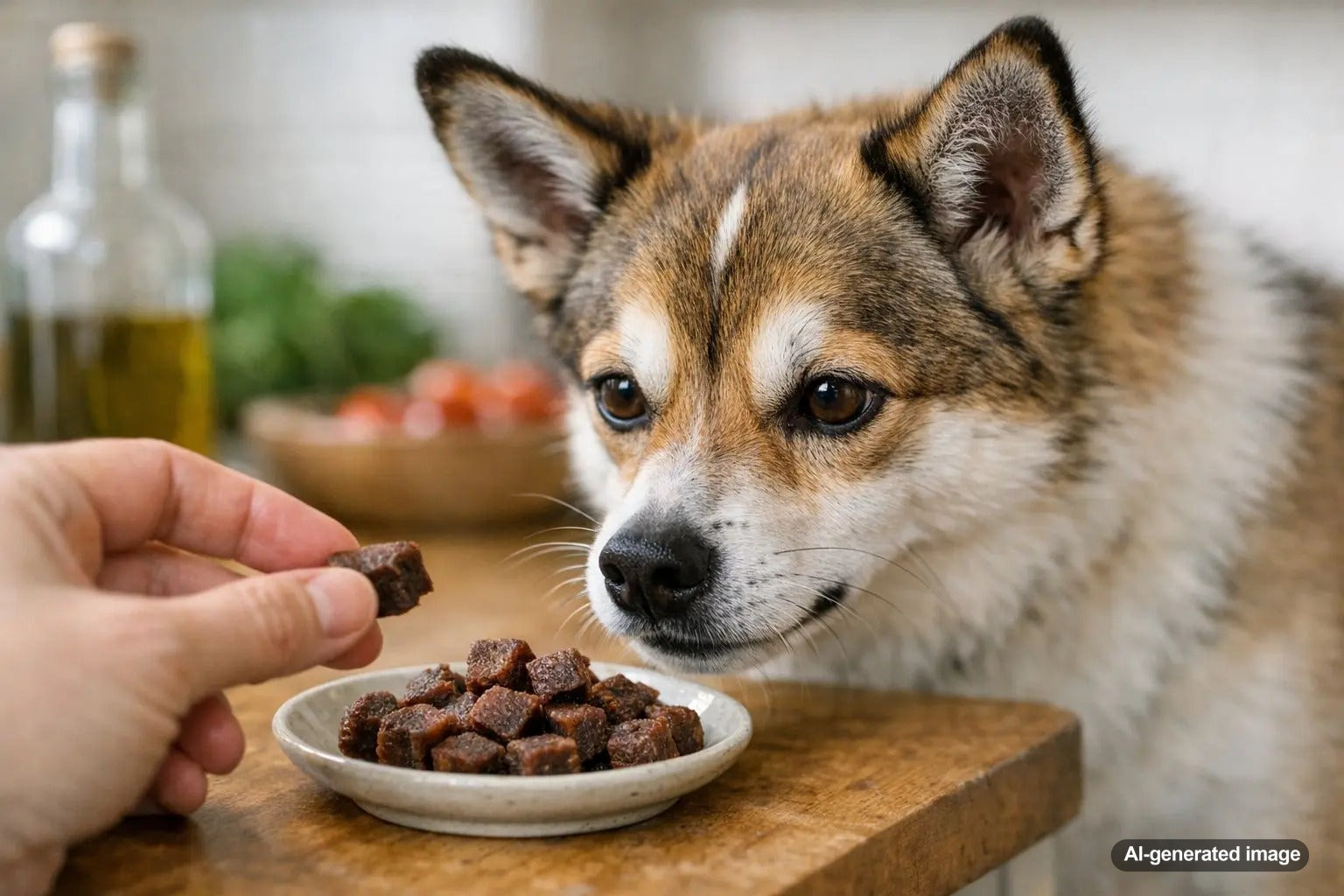 Dog eagerly enjoying the taste of venison dog treats from Plato Pet Treats