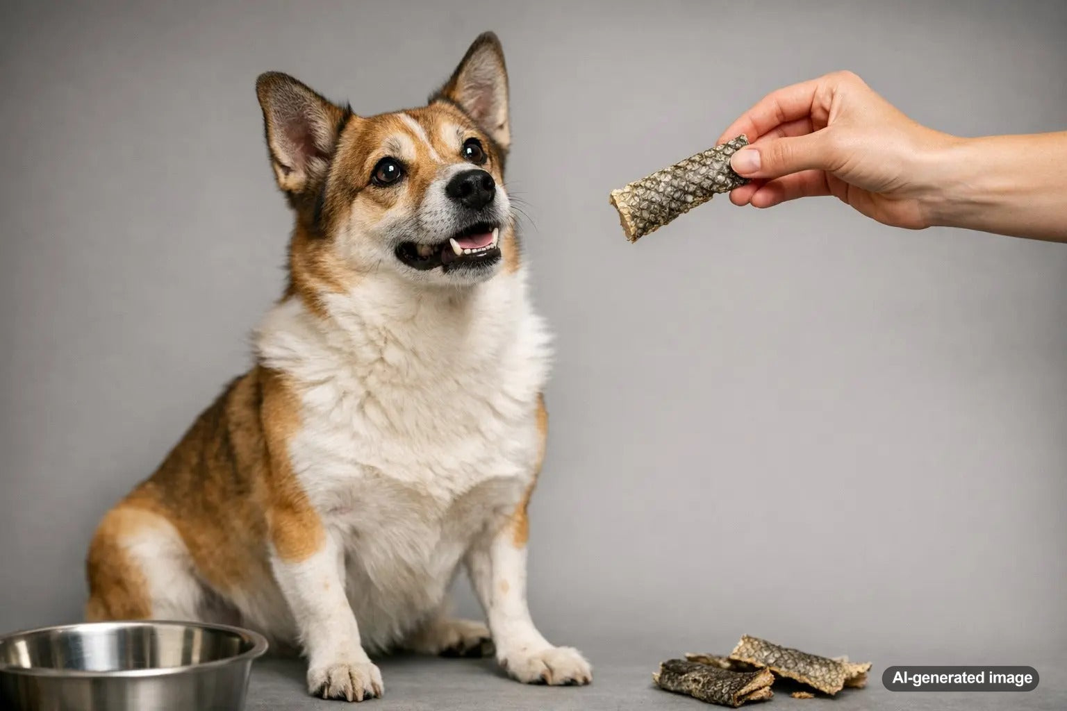 Dog chewing an air-dried fish skin treat while learning how fish skins can support cleaner teeth