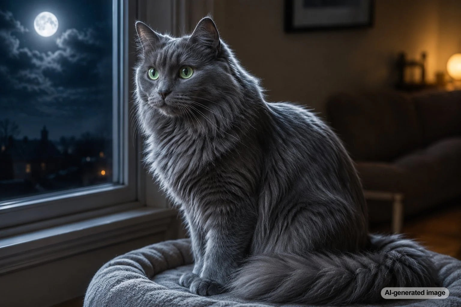 Nebelung cat with a silver-blue coat appearing to shimmer softly in moonlight