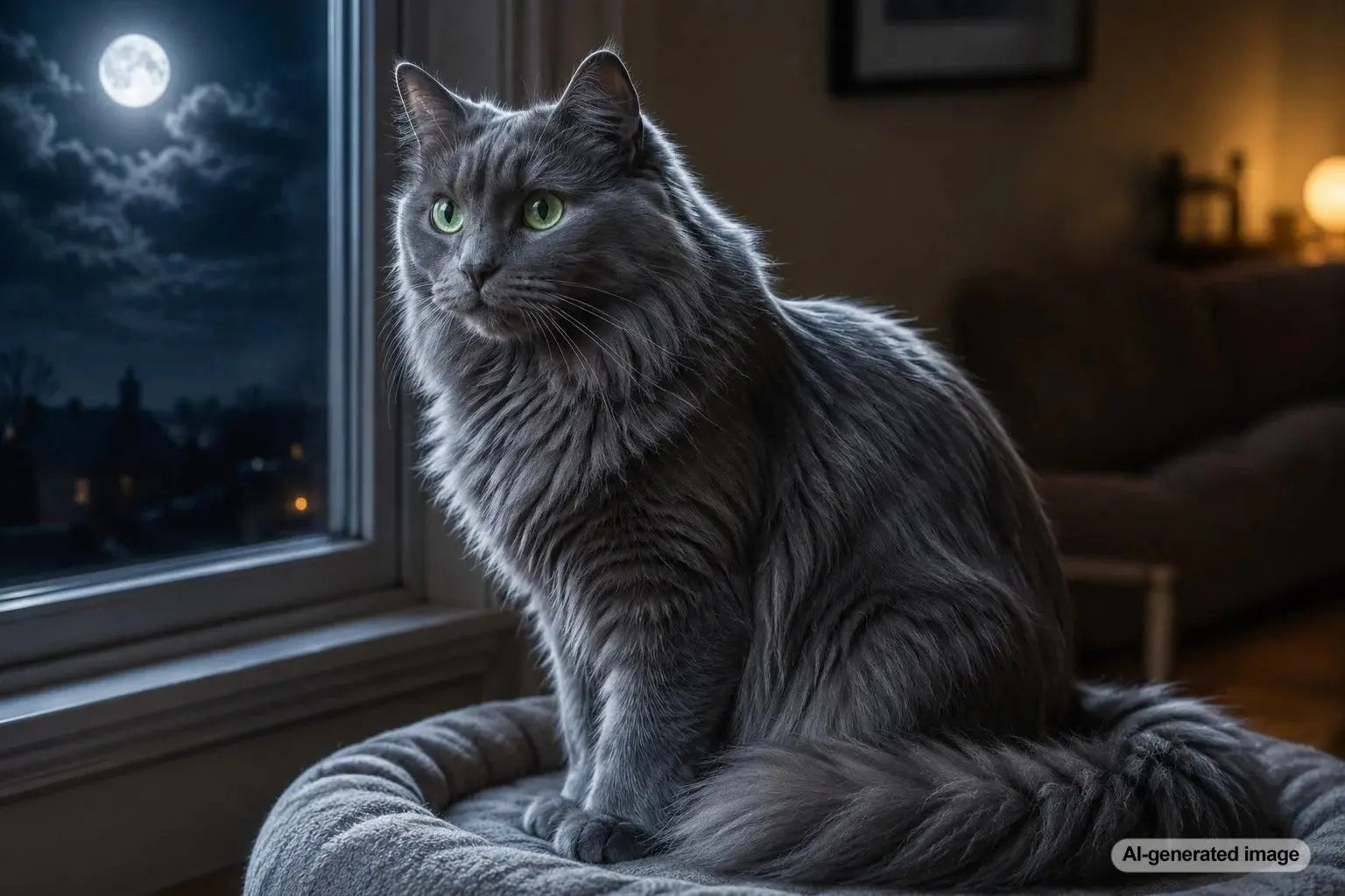 Nebelung cat with a silver-blue coat appearing to shimmer softly in moonlight