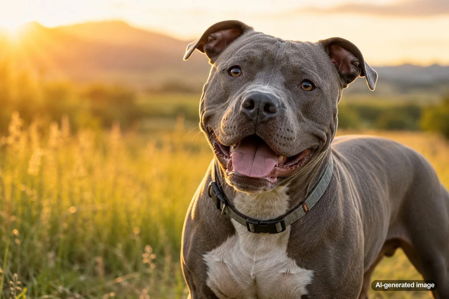 Happy Pit Bull with a relaxed open mouth and soft eyes that resemble a friendly smile