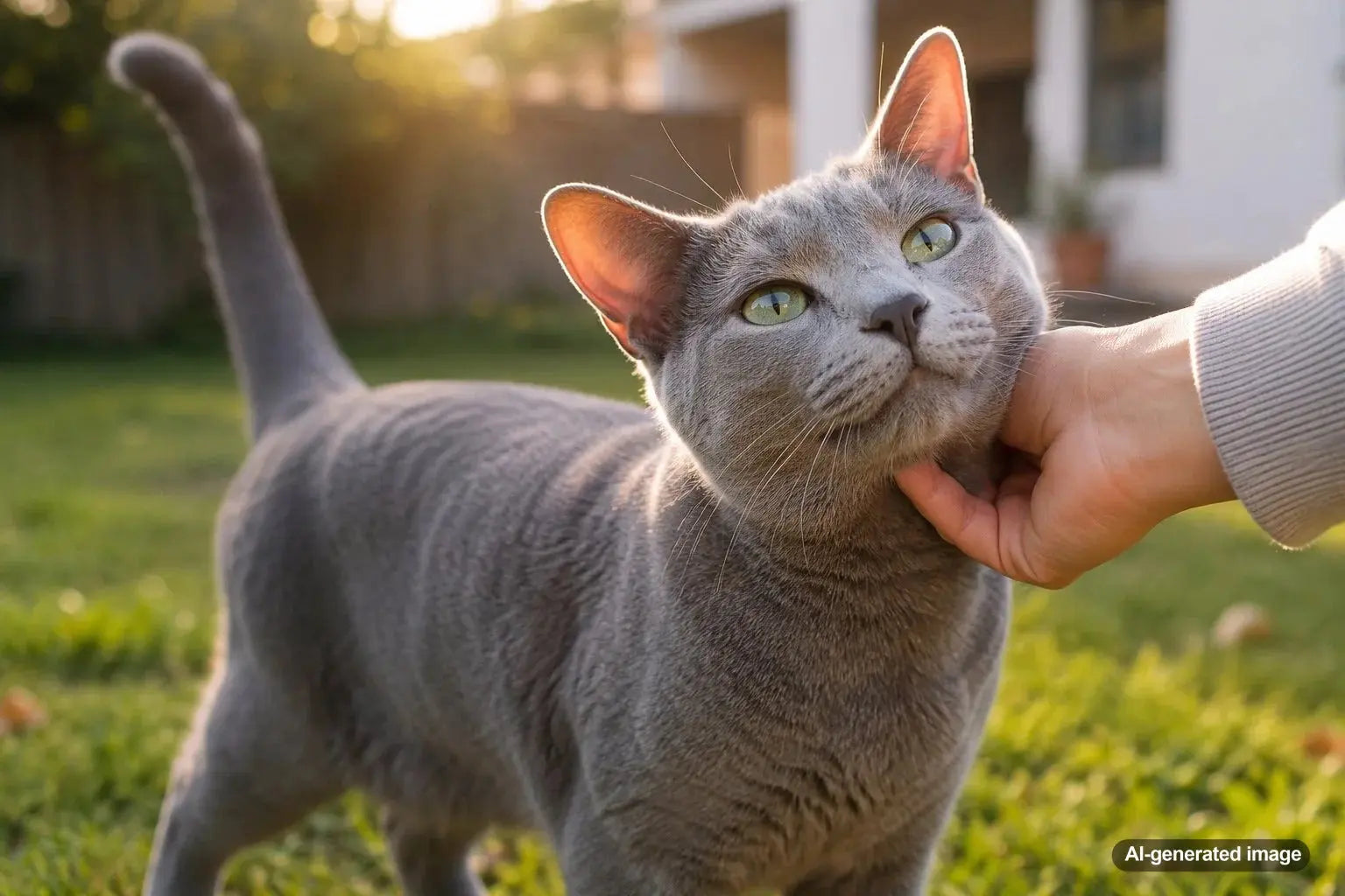Happy Russian Blue cat showing a subtle pink blush inside the ears