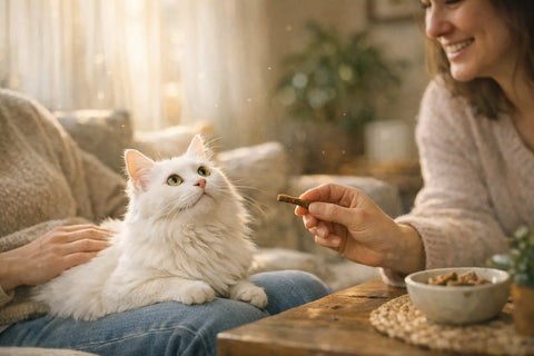 Turkish Angora cat showing affection to one human companion