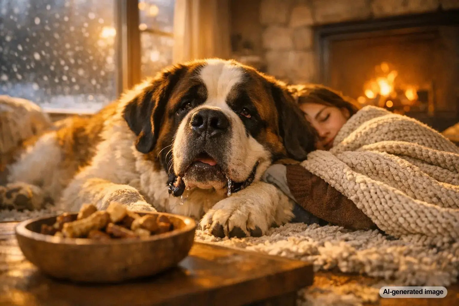 Saint Bernard dog playing in the snow and snuggling indoors