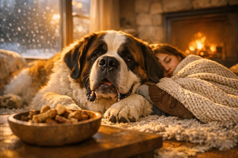 Saint Bernard dog playing in the snow and snuggling indoors