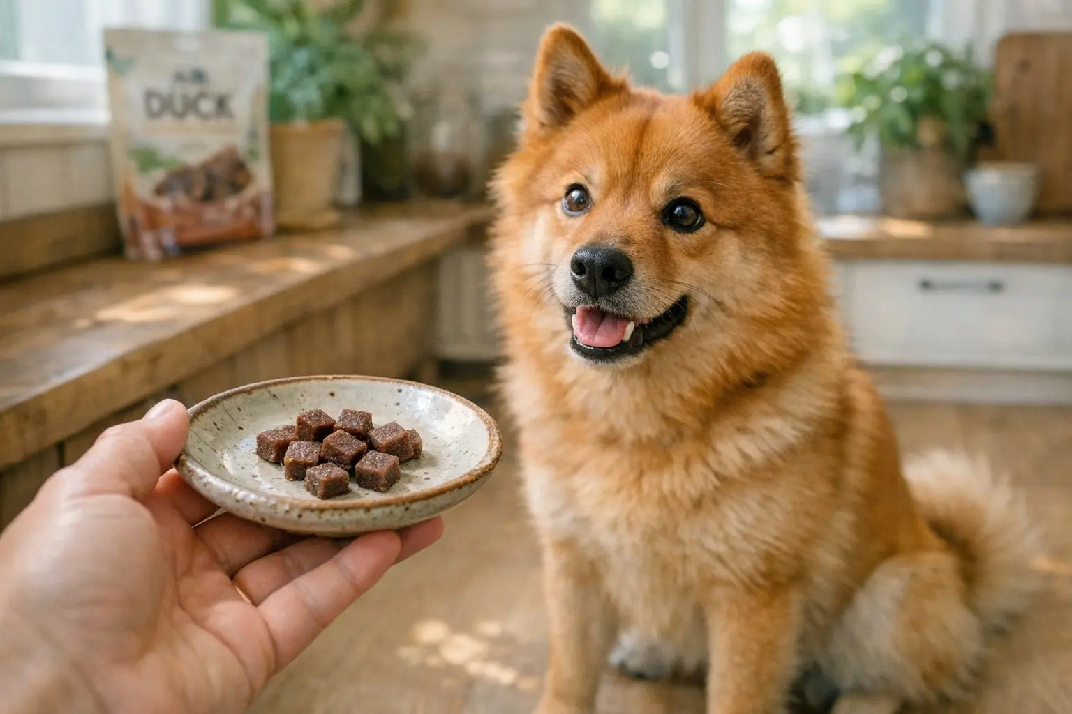 Happy dog waiting for duck treats in a cozy kitchen setting