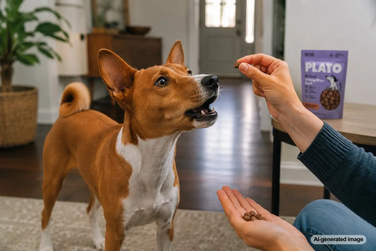 Basenji dog learning to speak for treats during positive reinforcement training