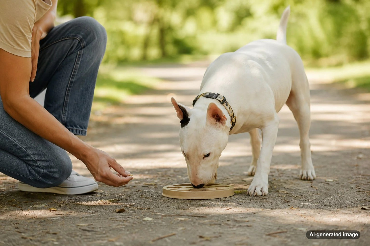 Bull Terrier enjoying mental enrichment games with healthy dog treats