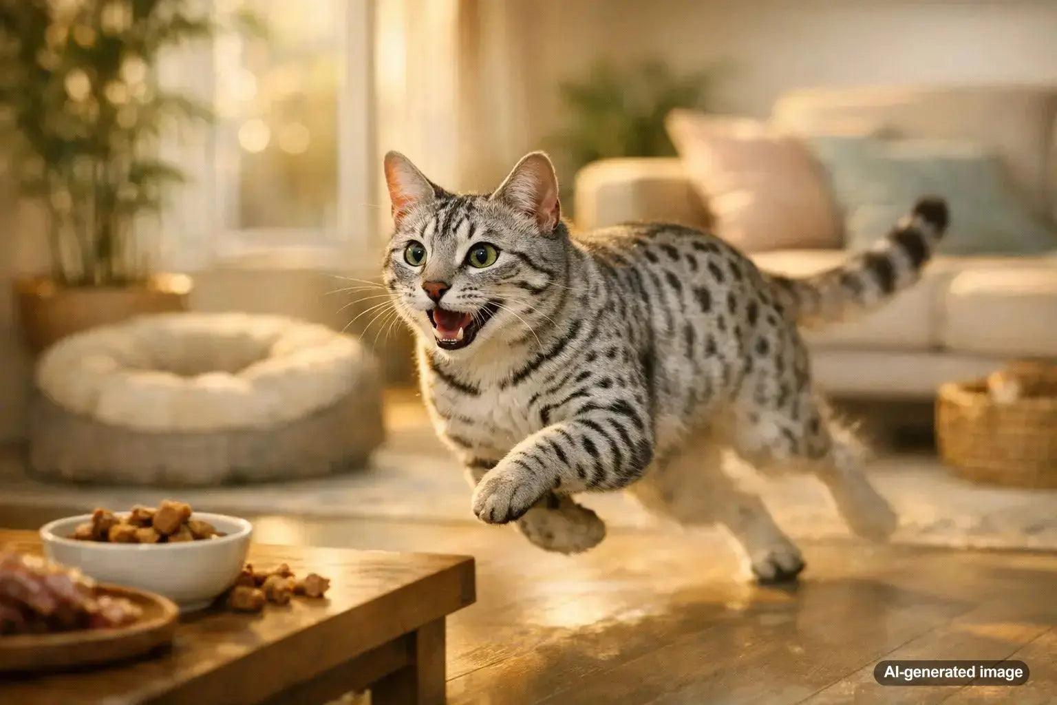 Egyptian Mau cat showcasing its natural spotted coat and athletic build