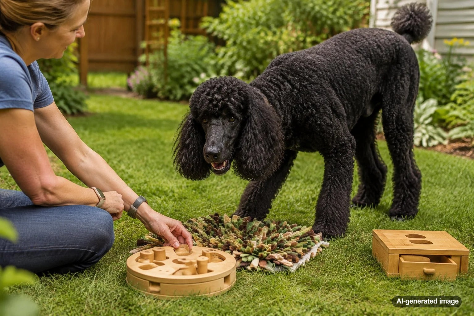 Standard Poodle enjoying an interactive enrichment activity beyond a daily walk