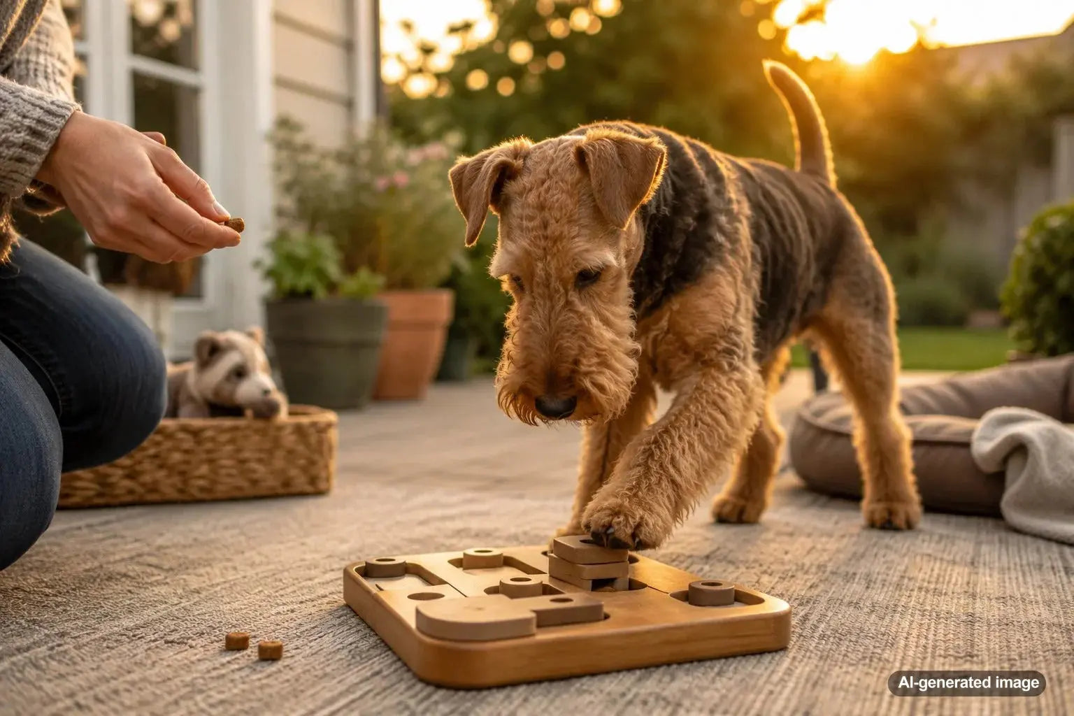 Welsh Terrier enjoying a daily enrichment challenge with healthy training treats