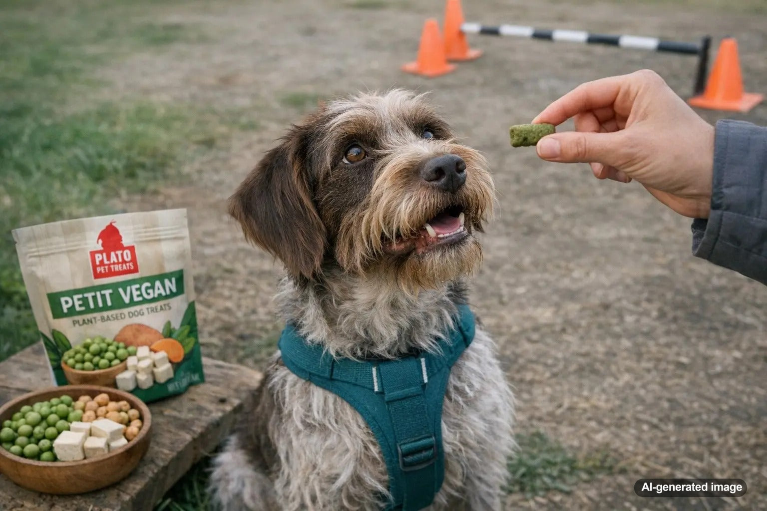 Dog enjoying a healthy treat while pet parents learn about evaluating plant-based proteins for dogs
