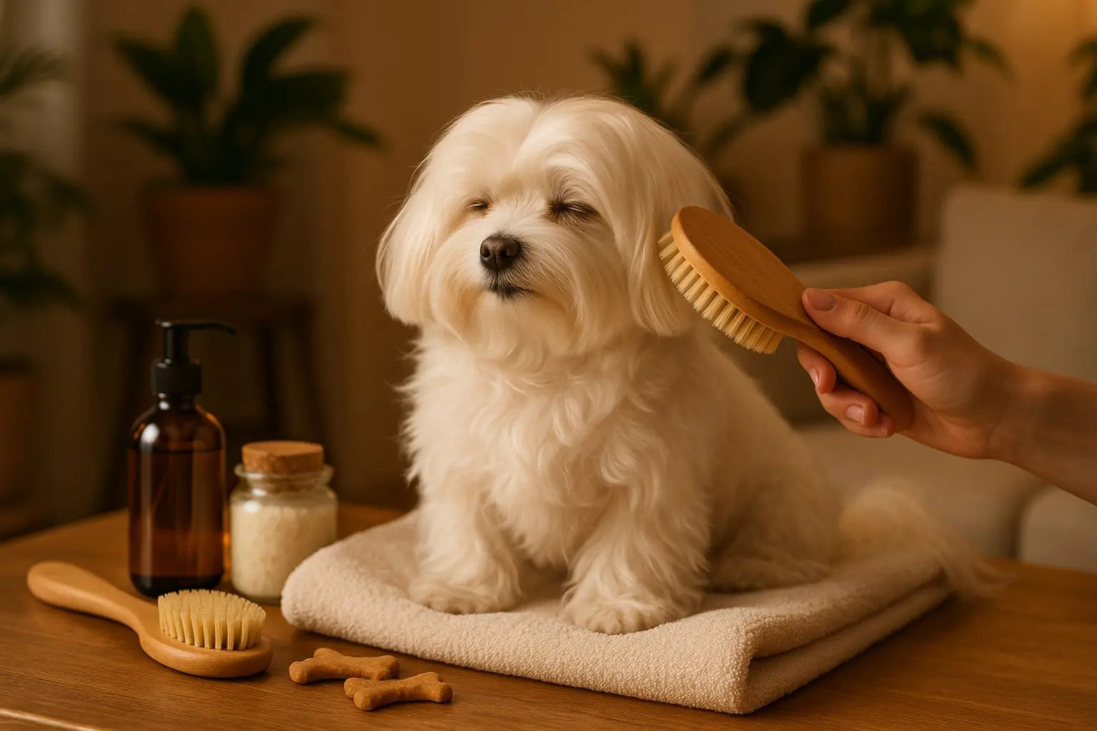 Maltese enjoying a calm, low stress grooming routine at home