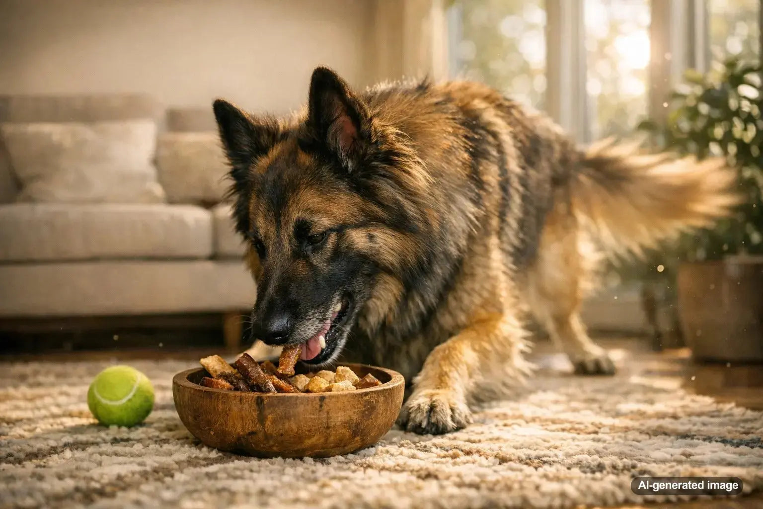 Active dog taking a snack break during outdoor exercise