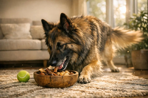 Active dog taking a snack break during outdoor exercise
