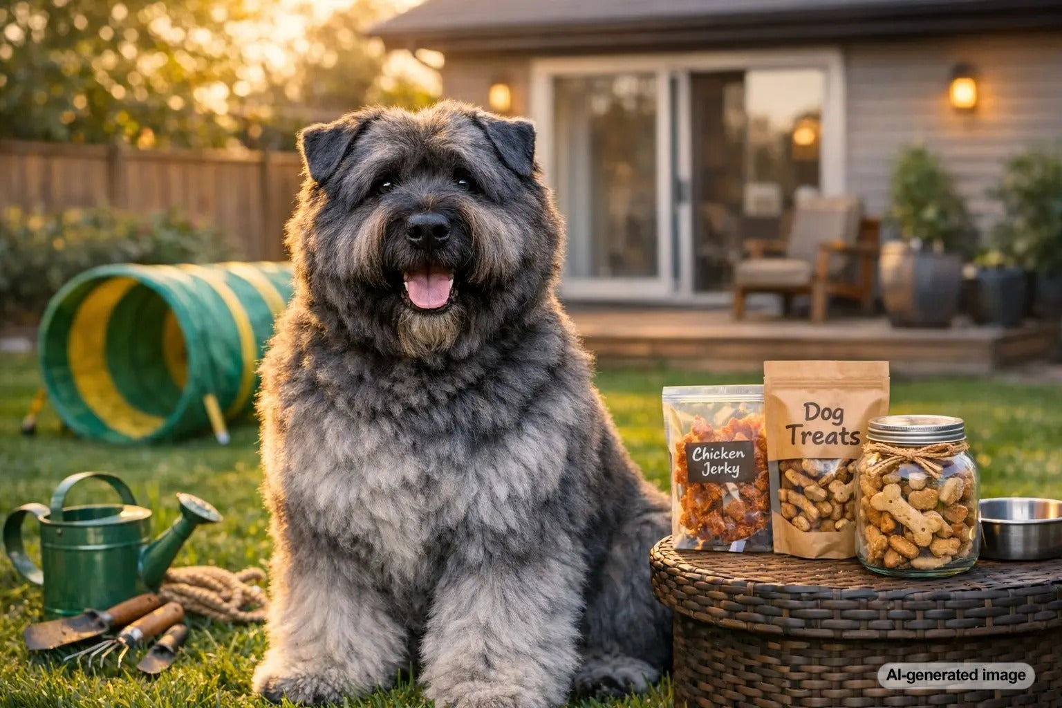 Bouvier Des Flandres enjoying suburban life with grooming and enrichment activities