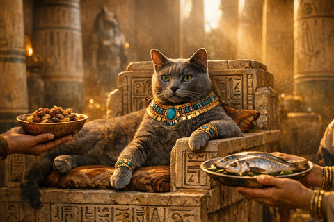 Ancient Egyptian inspired illustration of pampered cats treated like royalty