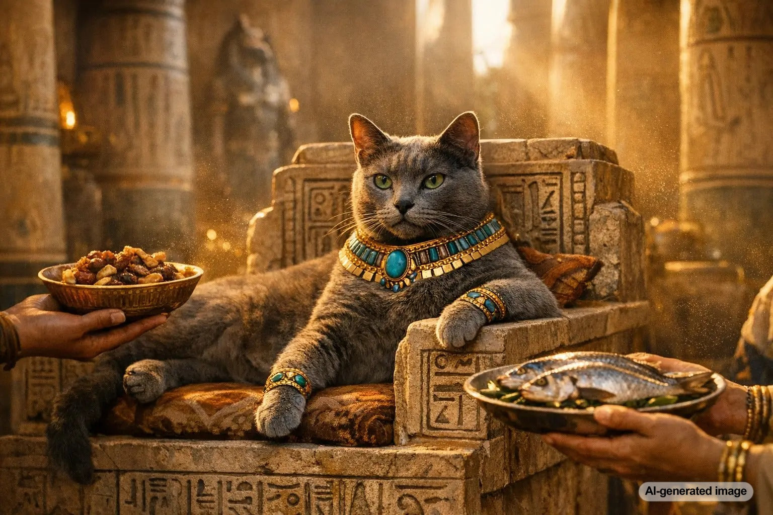 Ancient Egyptian inspired illustration of pampered cats treated like royalty