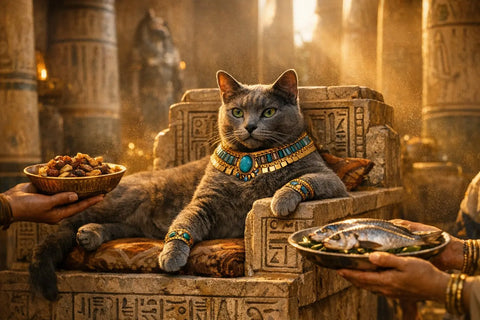 Ancient Egyptian inspired illustration of pampered cats treated like royalty