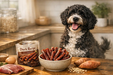 Fish oil for dogs with EPA and DHA benefits featured alongside duck meat stick dog treats