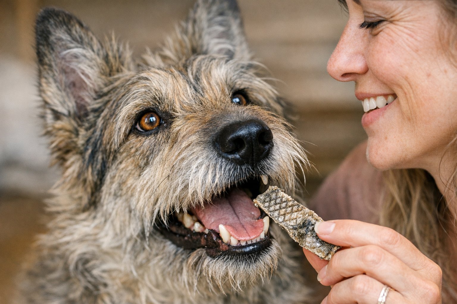 Crunchy fish skin dog treats arranged for a blog about natural fish skins for dogs with flavor and texture