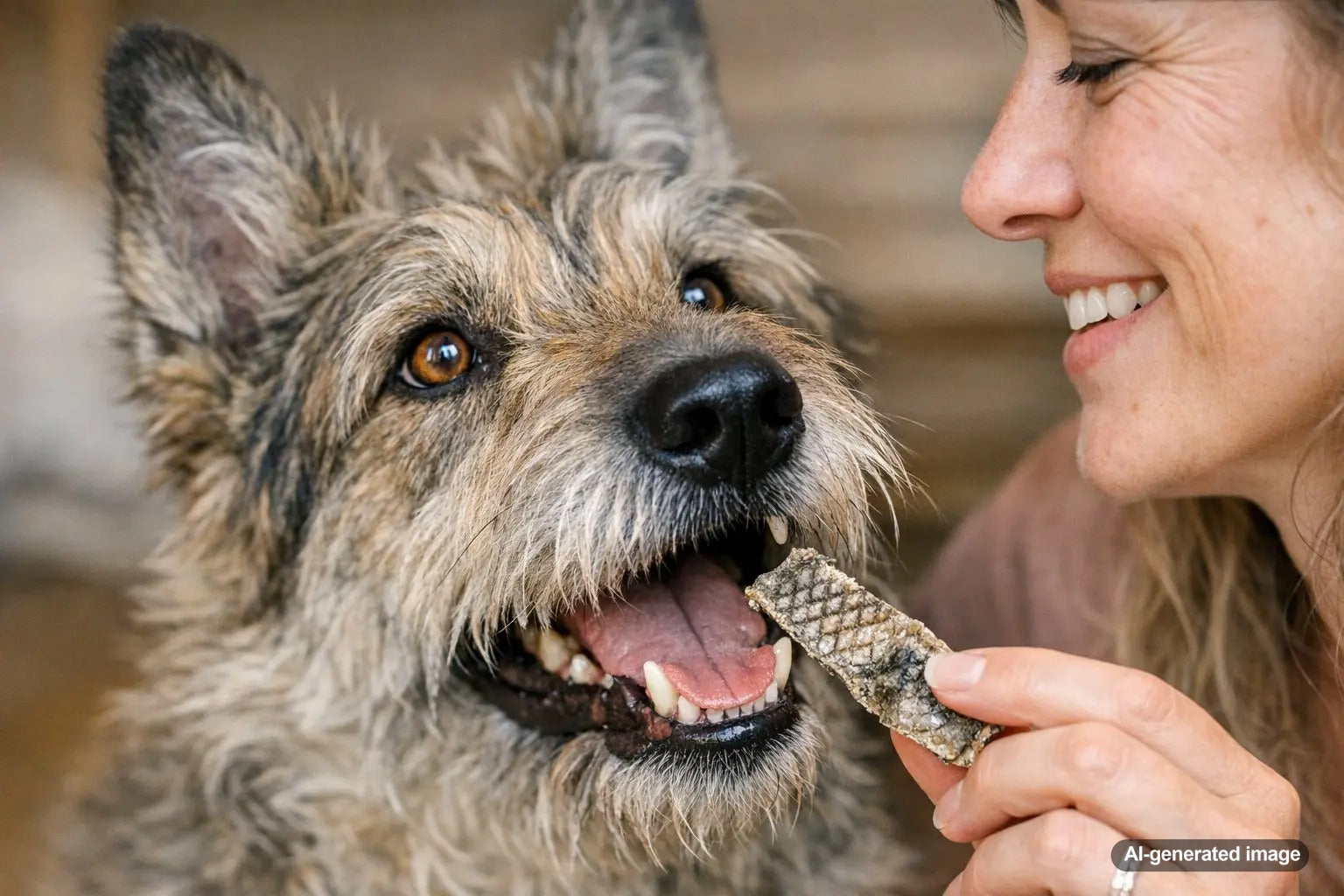 Crunchy fish skin dog treats arranged for a blog about natural fish skins for dogs with flavor and texture