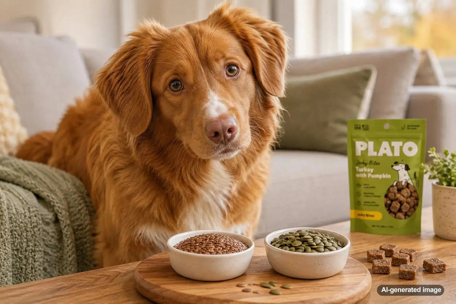 Dog beside flaxseed and pumpkin seeds with healthy dog treats for a nutrition-focused comparison