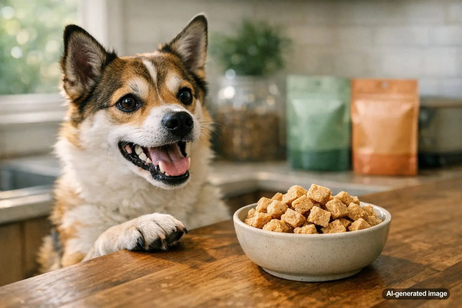 Dog owner reading about freeze dried chicken dog treats and healthy air-dried chicken alternatives for dogs