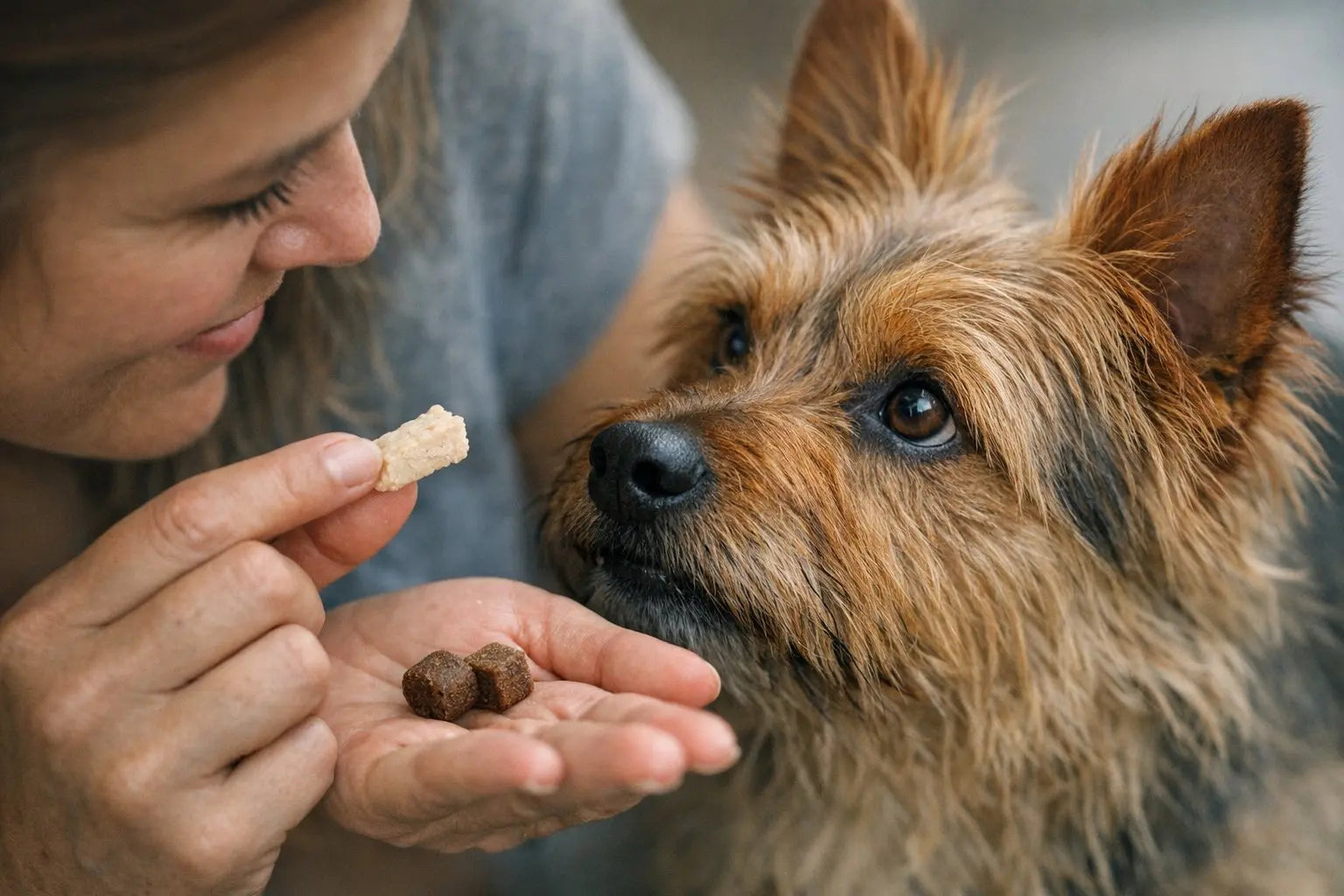 Dog owner comparing freeze-dried chicken dog treats and soft training treats during a training session
