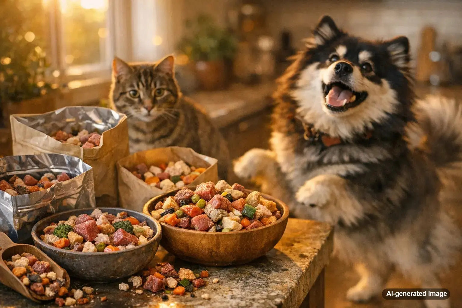 Freeze dried raw dog food made with real ingredients in a bowl for dogs
