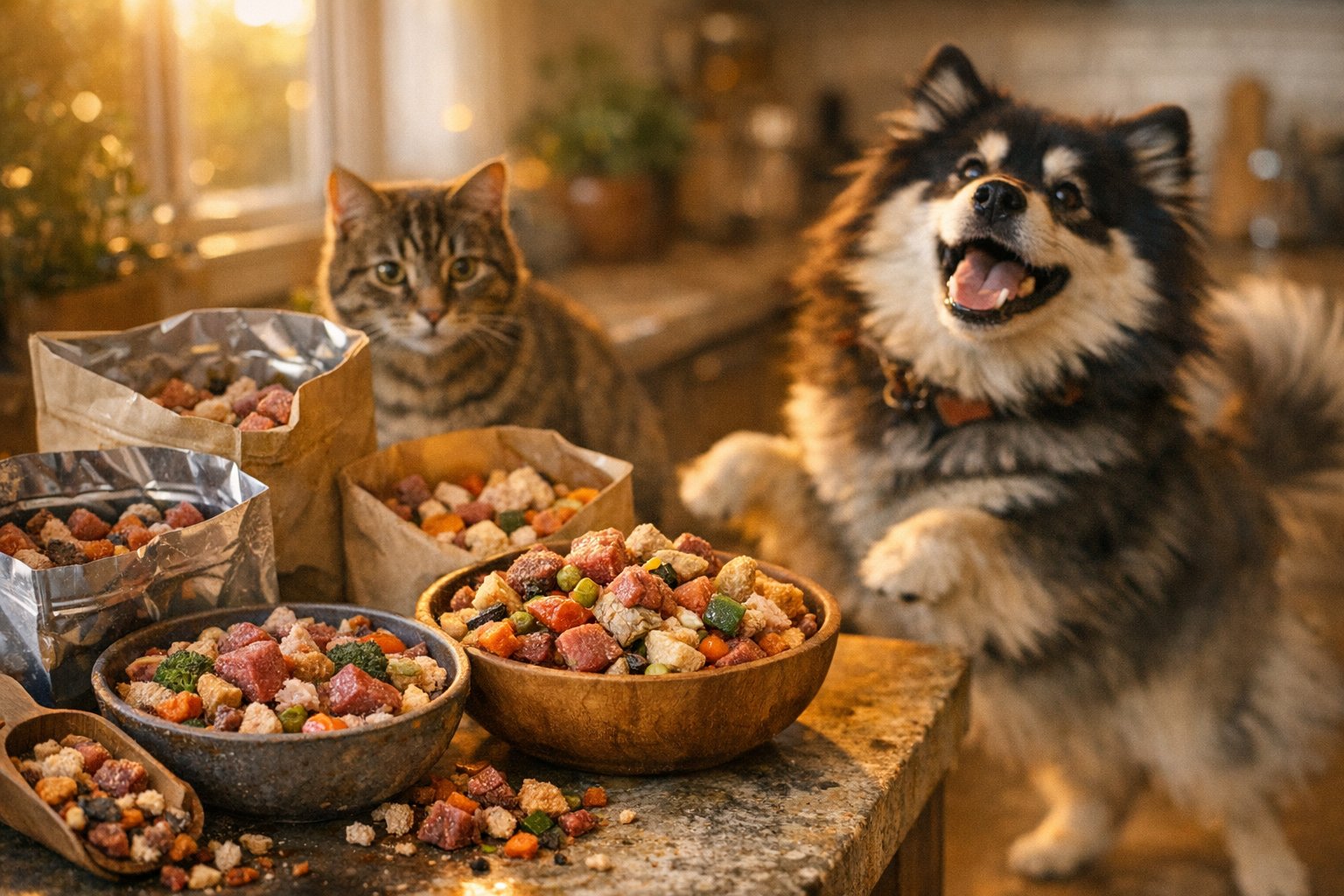 Freeze dried raw dog food made with real ingredients in a bowl for dogs