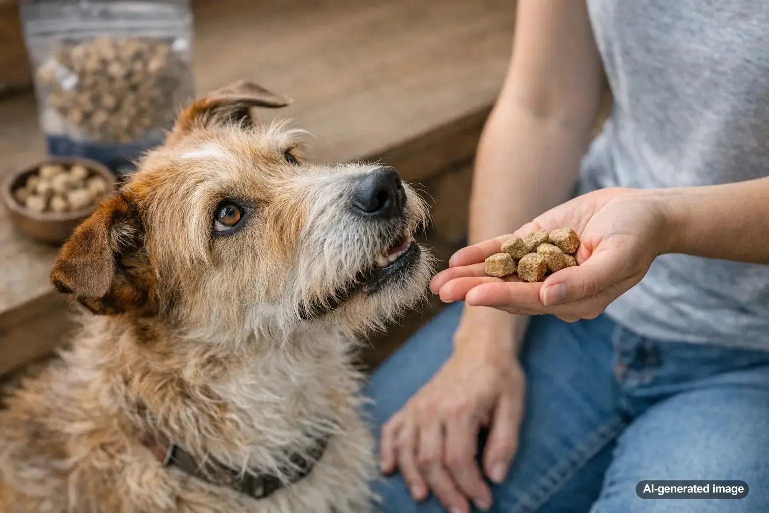 Dog owner reviewing ingredient transparency for freeze dried raw dog food with a healthy dog nearby