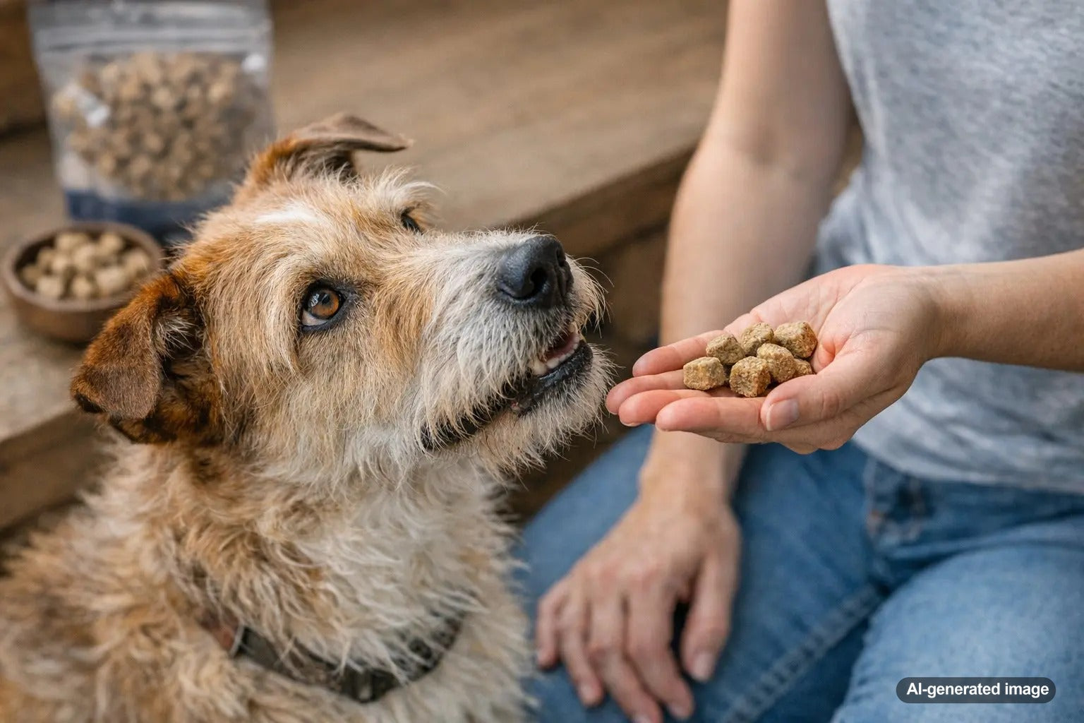 Dog owner reviewing ingredient transparency for freeze dried raw dog food with a healthy dog nearby