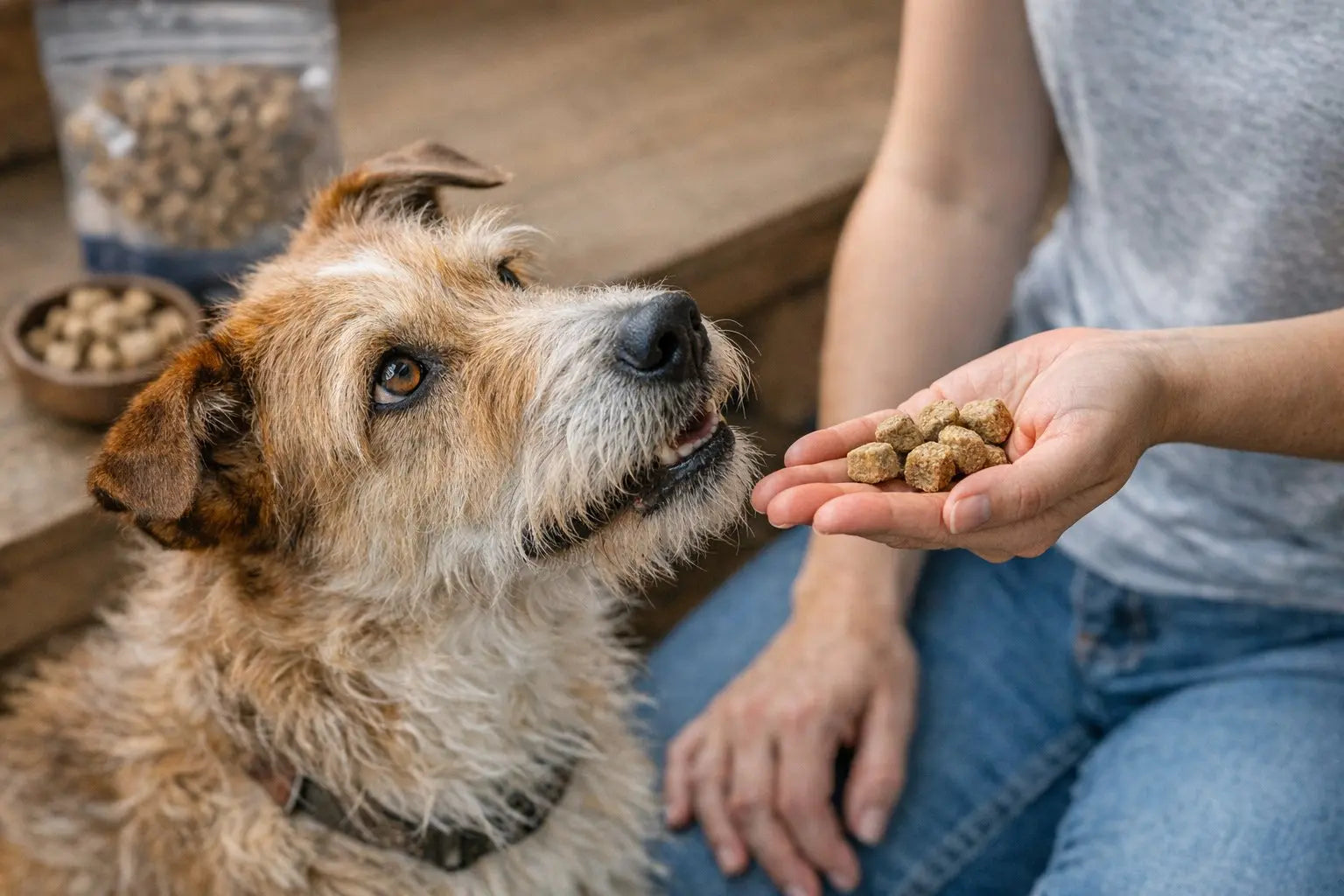 Dog owner reviewing ingredient transparency for freeze dried raw dog food with a healthy dog nearby