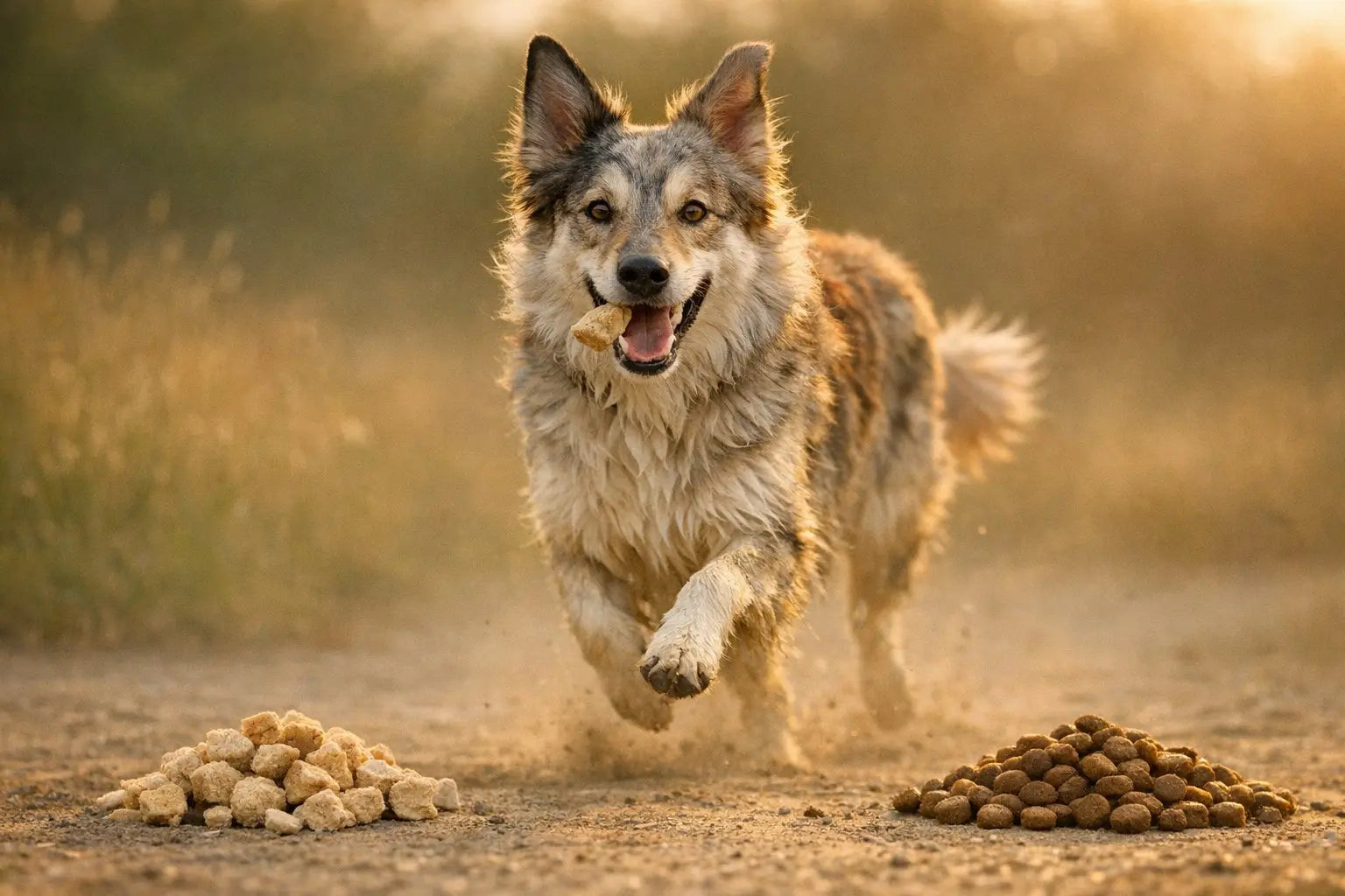 Dog owner comparing freeze-dried raw dog food and traditional kibble in a feeding bowl