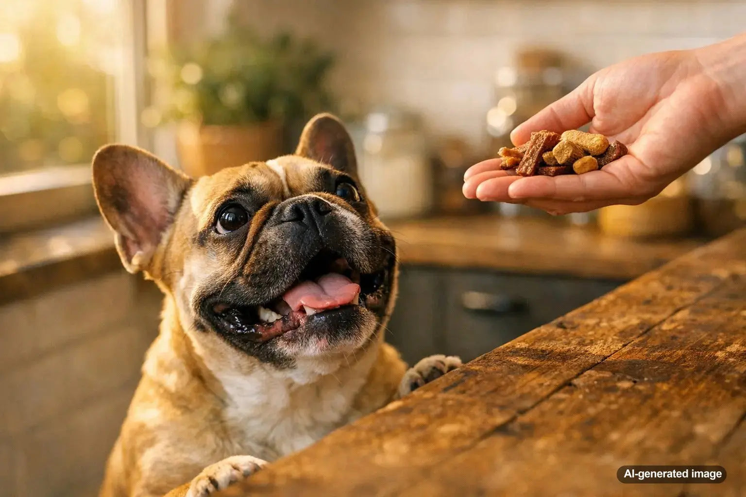 Happy French Bulldog being cared for by owner