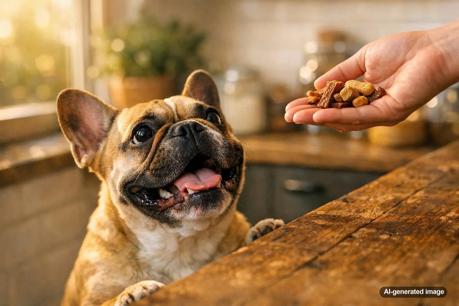 Happy French Bulldog being cared for by owner
