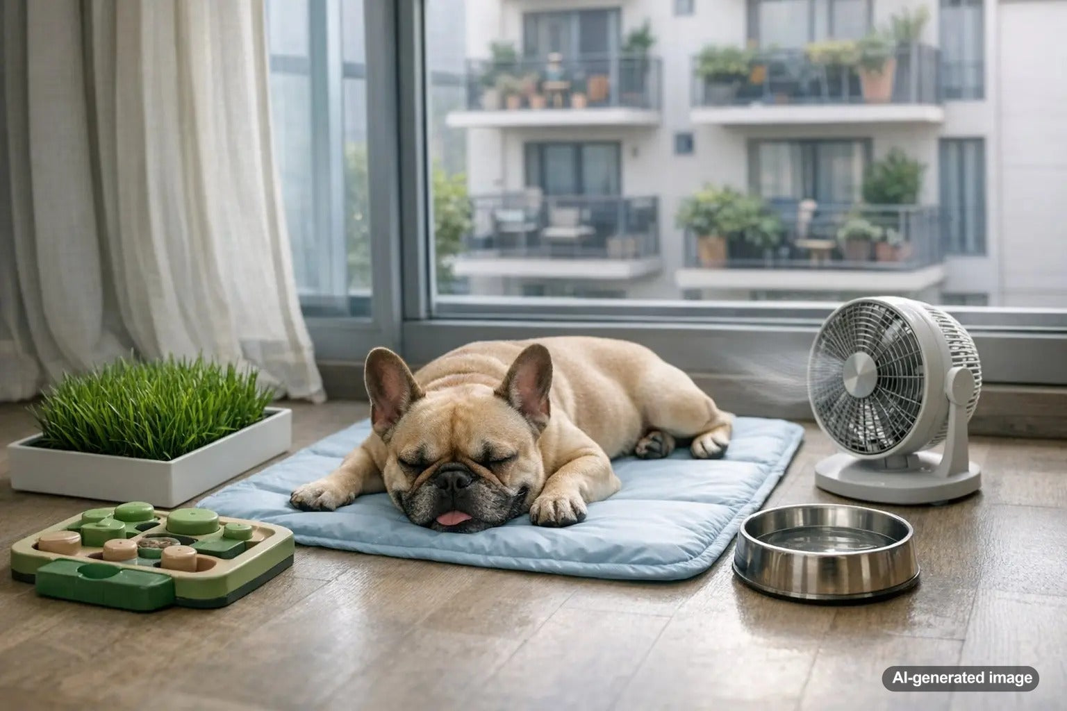 French Bulldog relaxing indoors with cooling comfort in a small apartment setting