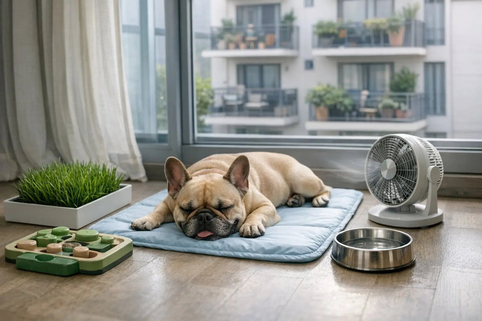 French Bulldog relaxing indoors with cooling comfort in a small apartment setting