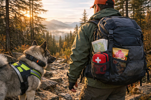 Norwegian Elkhound hiking outdoors with owner on a forest trail
