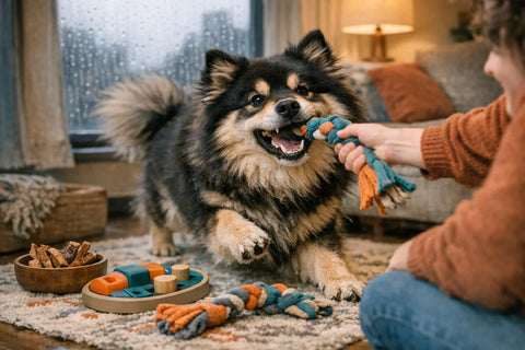 Dog playing indoor games on a rainy day