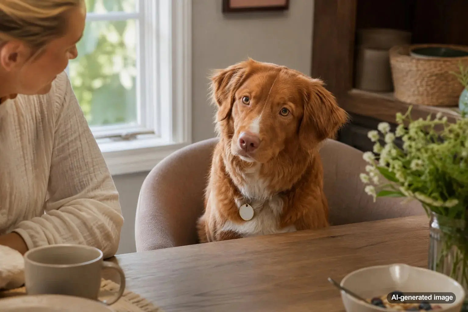 Happy dog sitting near a family table as part of everyday mealtime moments