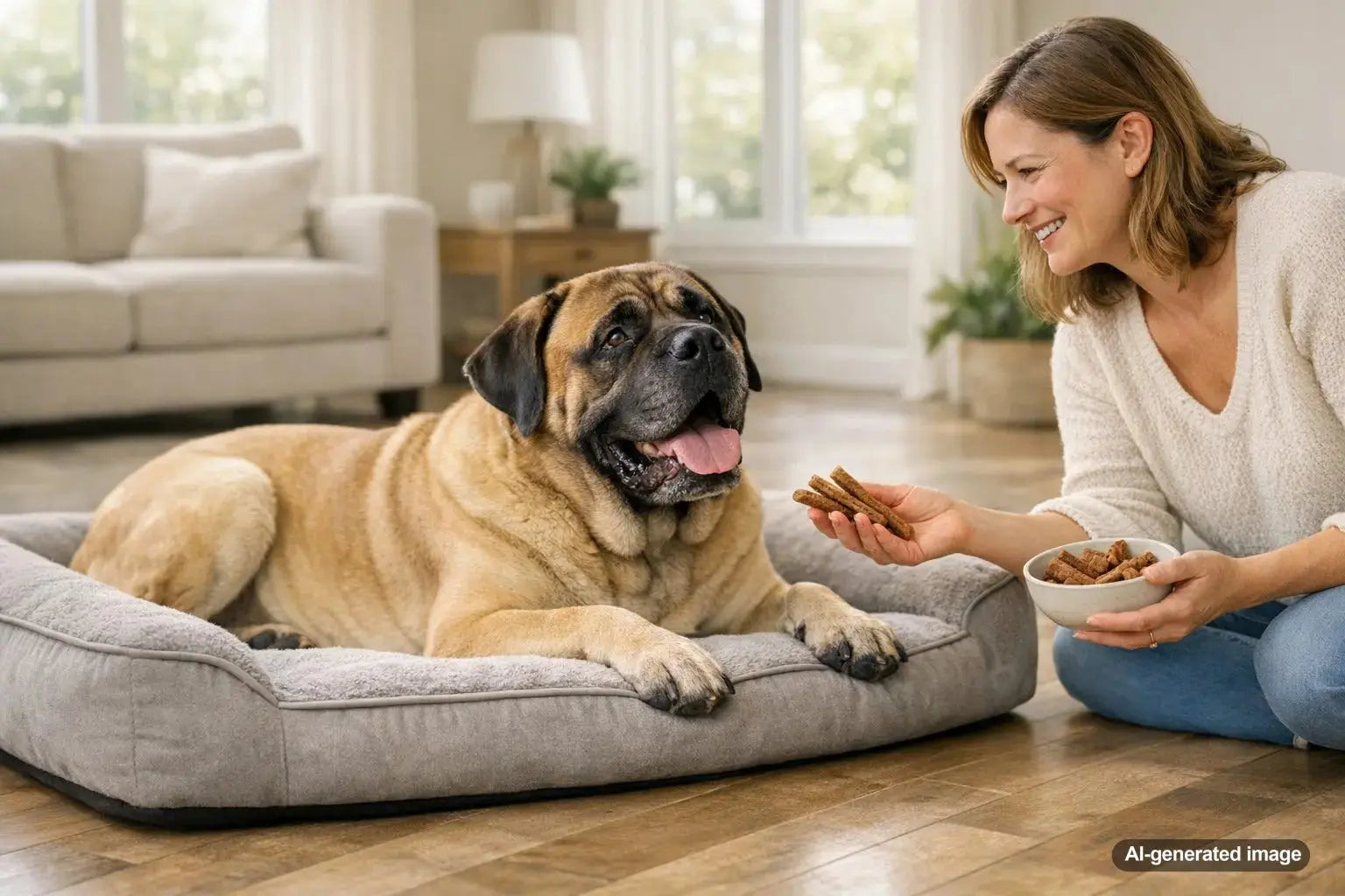 Large Mastiff relaxing indoors on supportive flooring with ample space for comfort and joint health