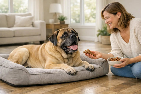 Large Mastiff relaxing indoors on supportive flooring with ample space for comfort and joint health