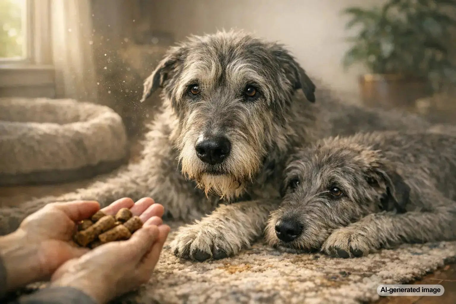 Senior Irish Wolfhound resting peacefully while being supported with thoughtful care